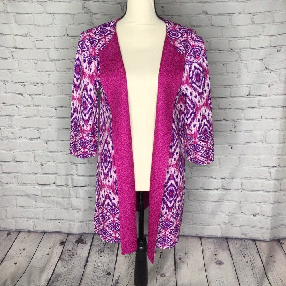 Travelers by Chico Fuchsia Purple Open Front Half Sleeve Crushed Ikat Jacket S